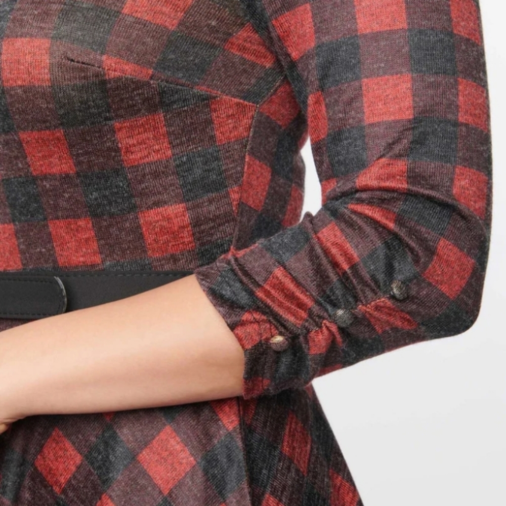 NWT UNIQUE VINTAGE Burgundy & Black Plaid Devon Swing Dress Belted Small 4 - Picture 3 of 9